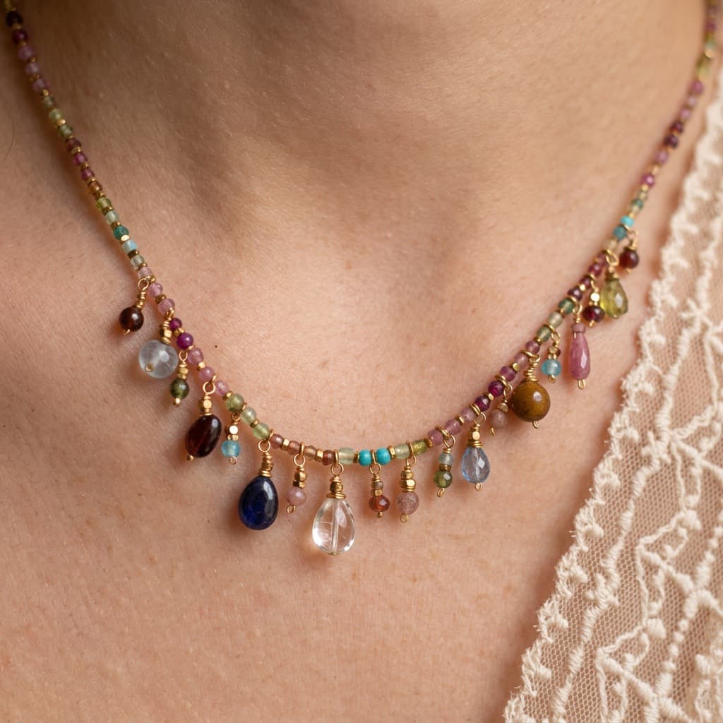 Parure Collier Bracelet Femme: Mini Perles Pierres Multicolores & Cristal