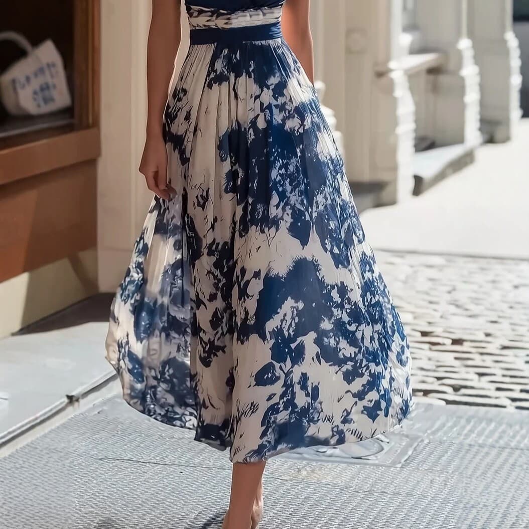 Robe sans manches col V imprimé porcelaine bleu et blanc