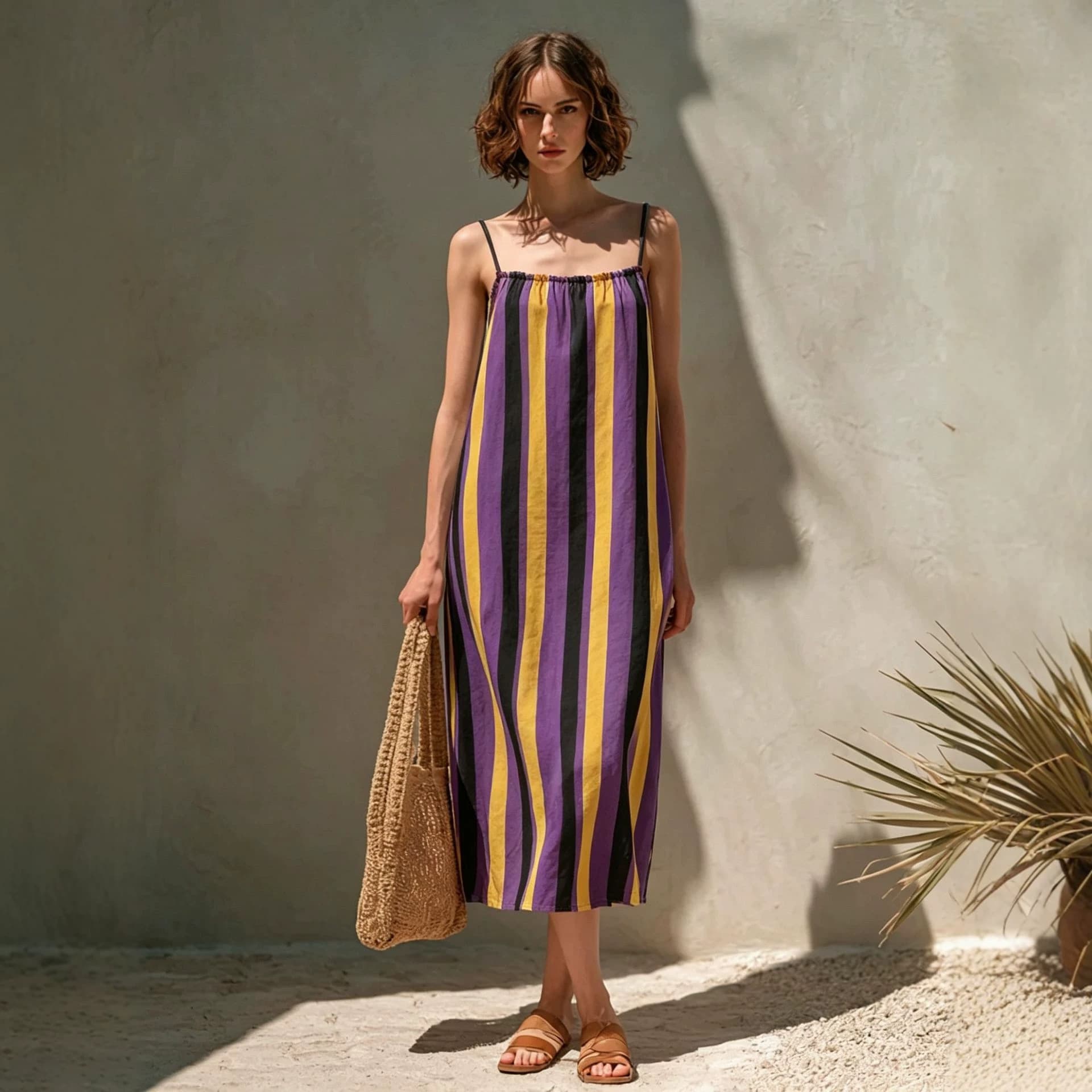 Robe midi épurée à bretelles rayées pour femme