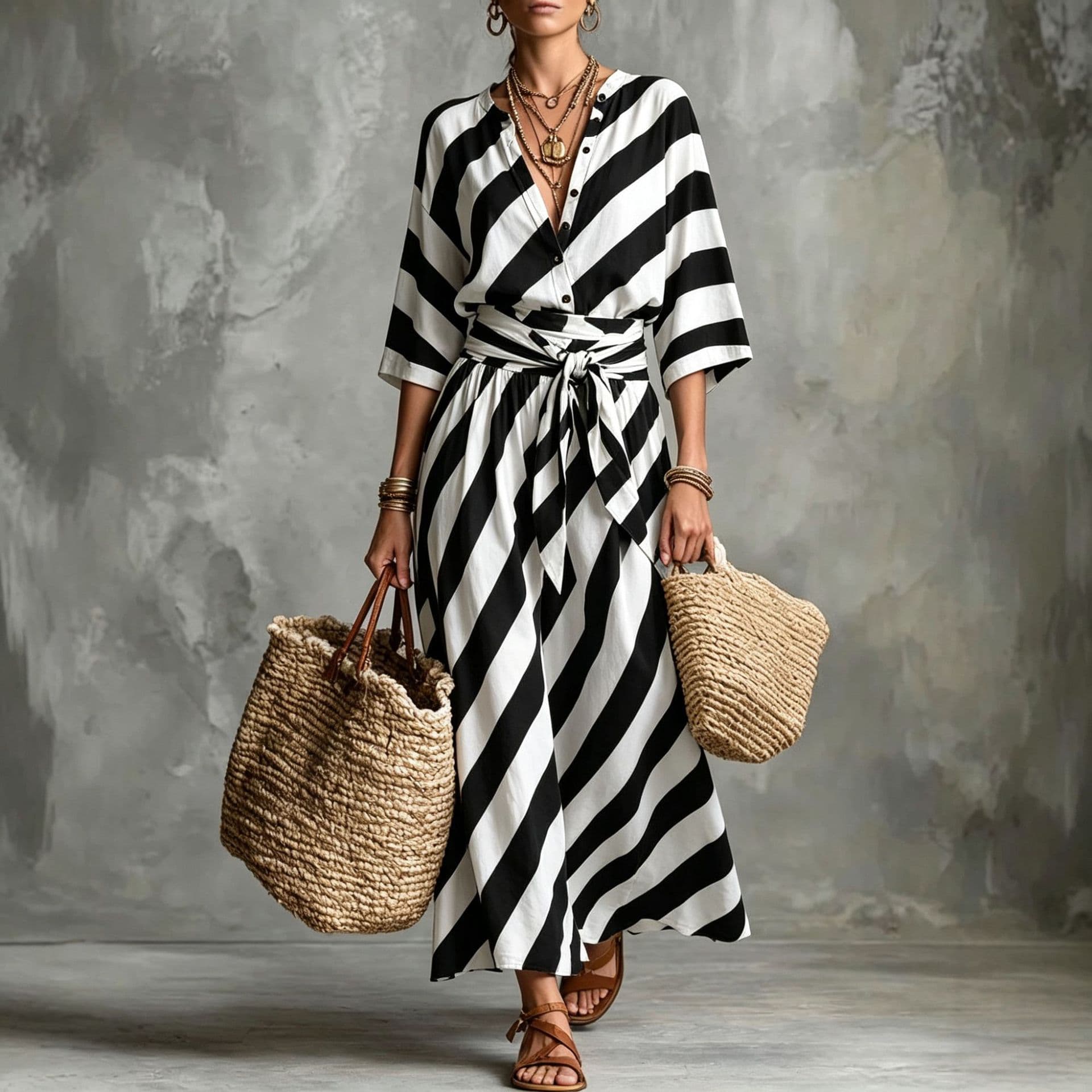 Ensemble Chemise Col V Boutonnée & Jupe Rayée