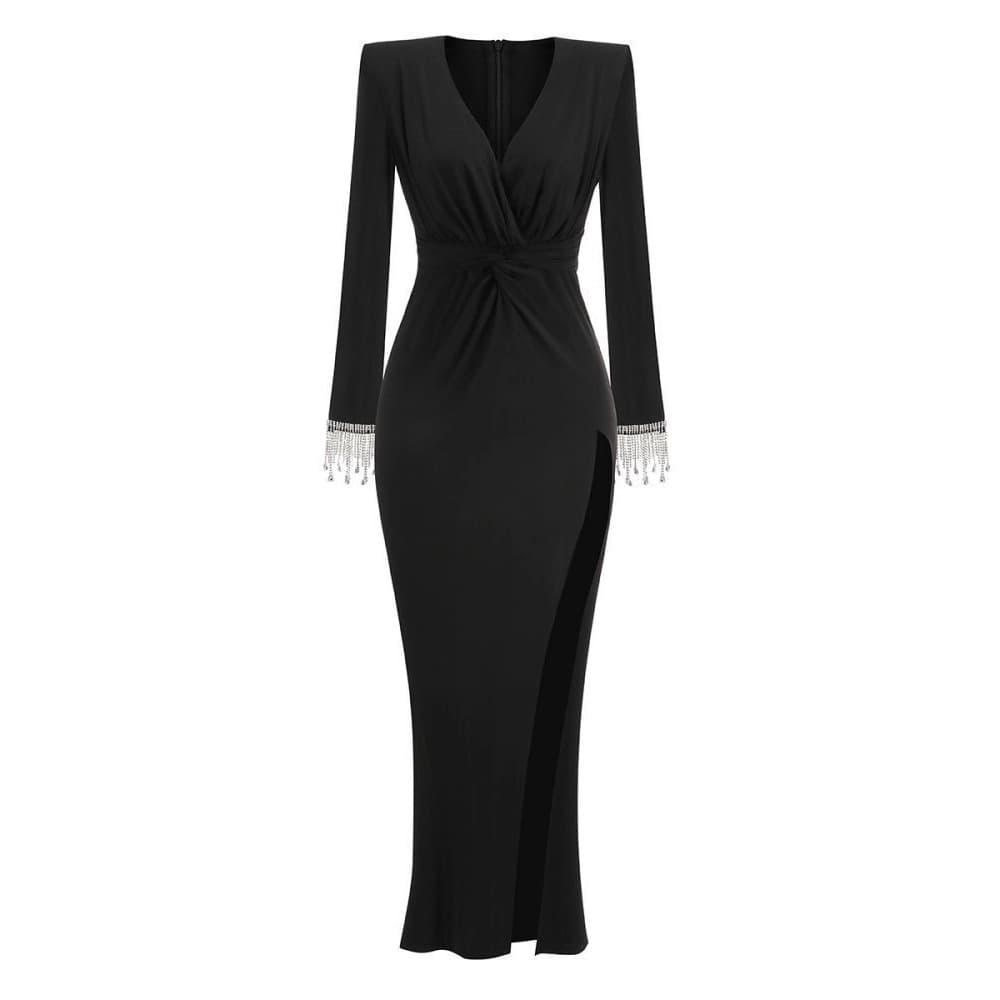 Robe Mi-Saison Sensuelle Col V Profond Manches Longues Uni