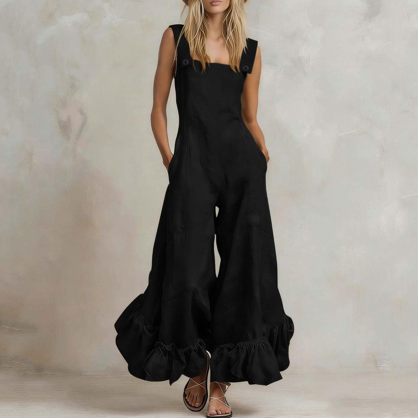Combinaison femme pantalon large à bretelles et volants