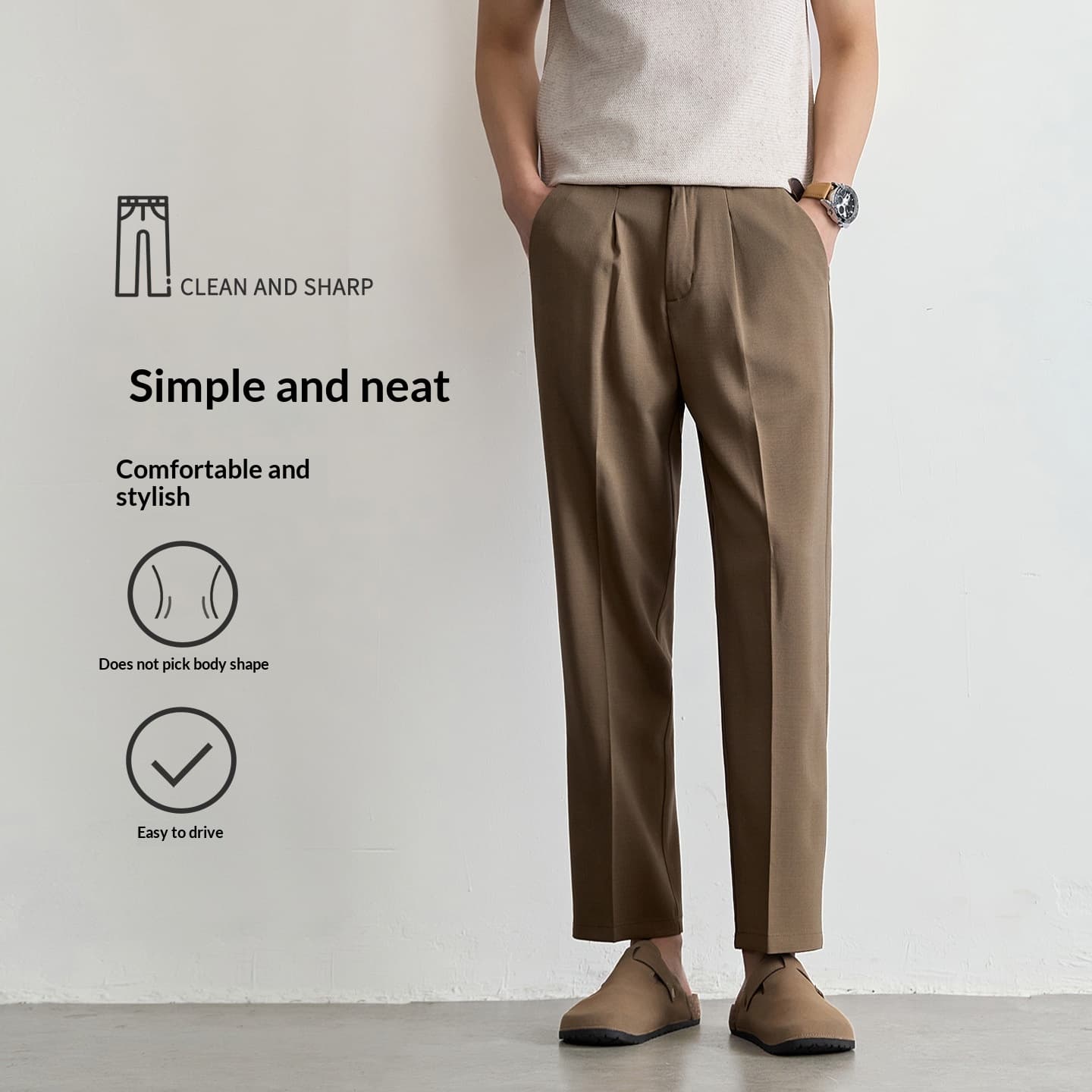 Pantalon homme cropped coupe relax droit, drape fluide chic