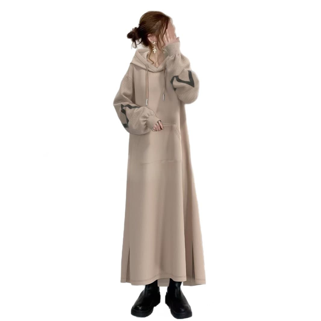 Robe femme tricotée à capuche, manches à panneaux